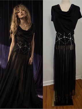 Vtg Nom De Plume Black Mesh Maxi Dress M Whimsigoth Rhinestone Cowl Neck Goth